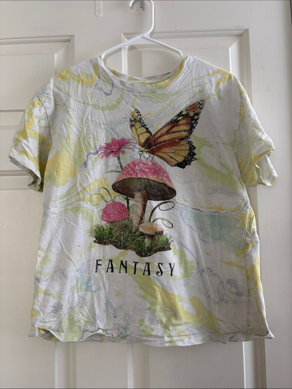 White Graphic Tee with Pink Mushroom & Butterfly Print - FANTASY